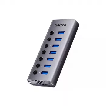 USB Type-C stotelė Unitek H1314A01-EU — 7× USB 3.2 Gen1 Type-A, SD kortelių skaitytuvas, Gigabit Ethernet, 4K@60Hz, 100W PD, aliuminis, pilka