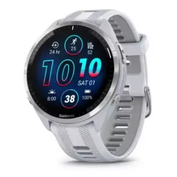 Išmanusis laikrodis GARMIN Forerunner 965 — 47 mm titano korpusas, 1,4 colio AMOLED, 32 GB, 23 dienų baterija, GPS/GLONASS/Galileo, balta silikoninė juosta