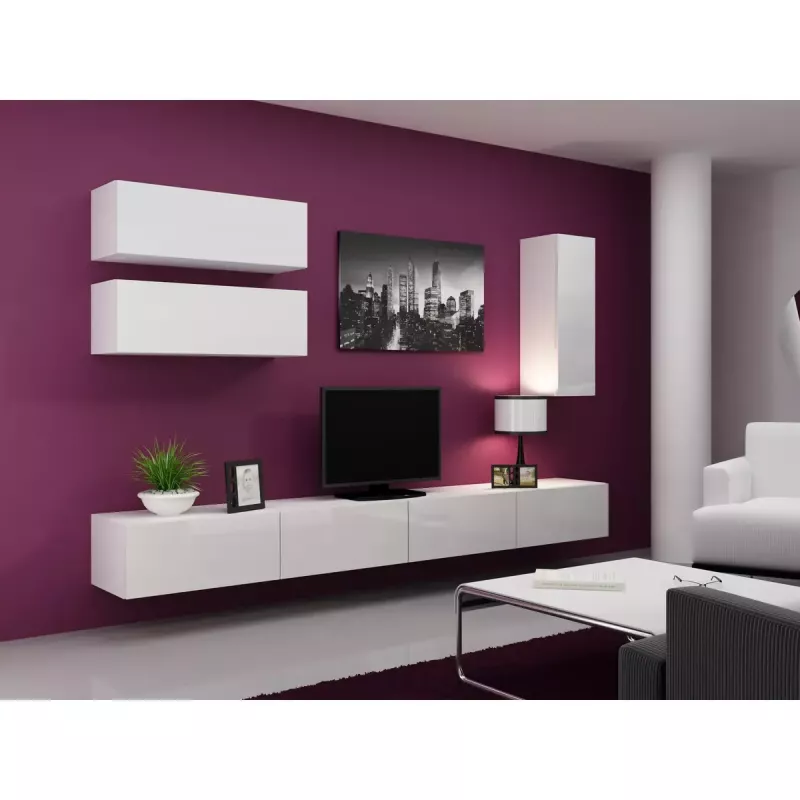 TV stovas Cama Meble VIGO 140, 1400×400×300 mm, baltas blizgus viršus, medžio drožlių plokštė, baltas rėmas