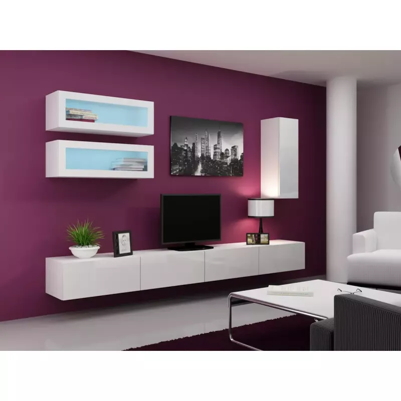 TV stovas Cama Meble VIGO 140, 1400×400×300 mm, baltas blizgus viršus, medžio drožlių plokštė, baltas rėmas