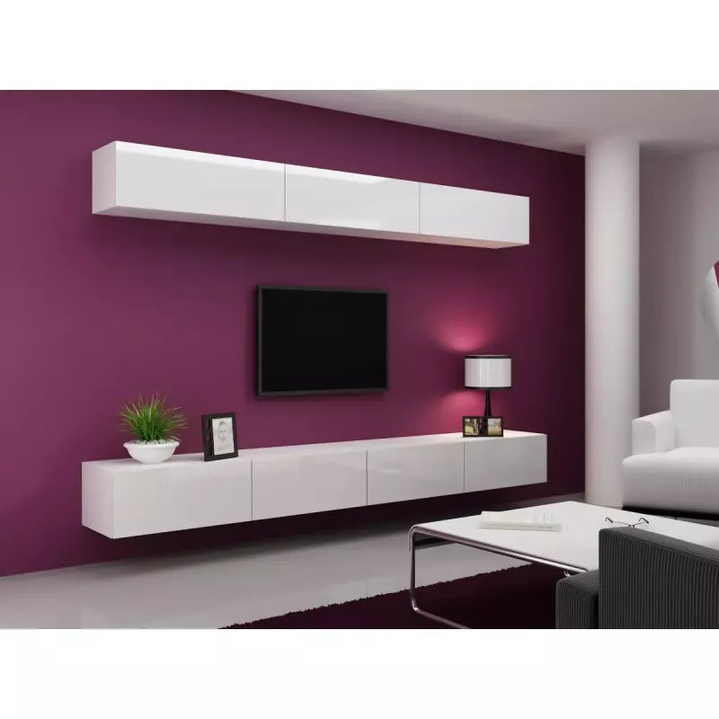 TV stovas Cama Meble VIGO 140, 1400×400×300 mm, baltas blizgus viršus, medžio drožlių plokštė, baltas rėmas