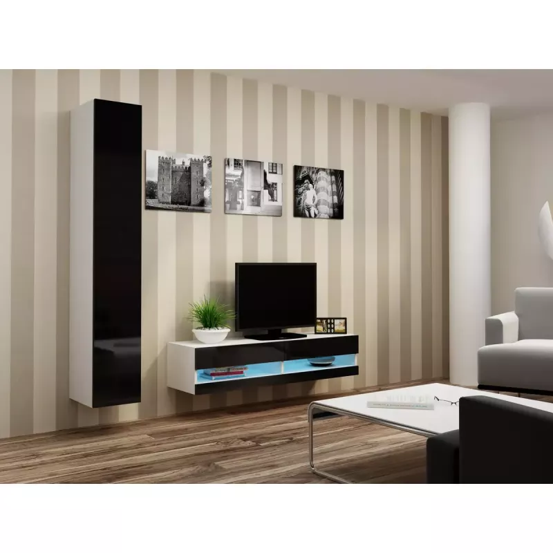 TV stovas Cama Meble VIGO NEW 30/140/40 – 1400×400×300 mm, baltas viršus, medžio drožlių plokštė, baltas rėmas, baltas/juodas blizgesys