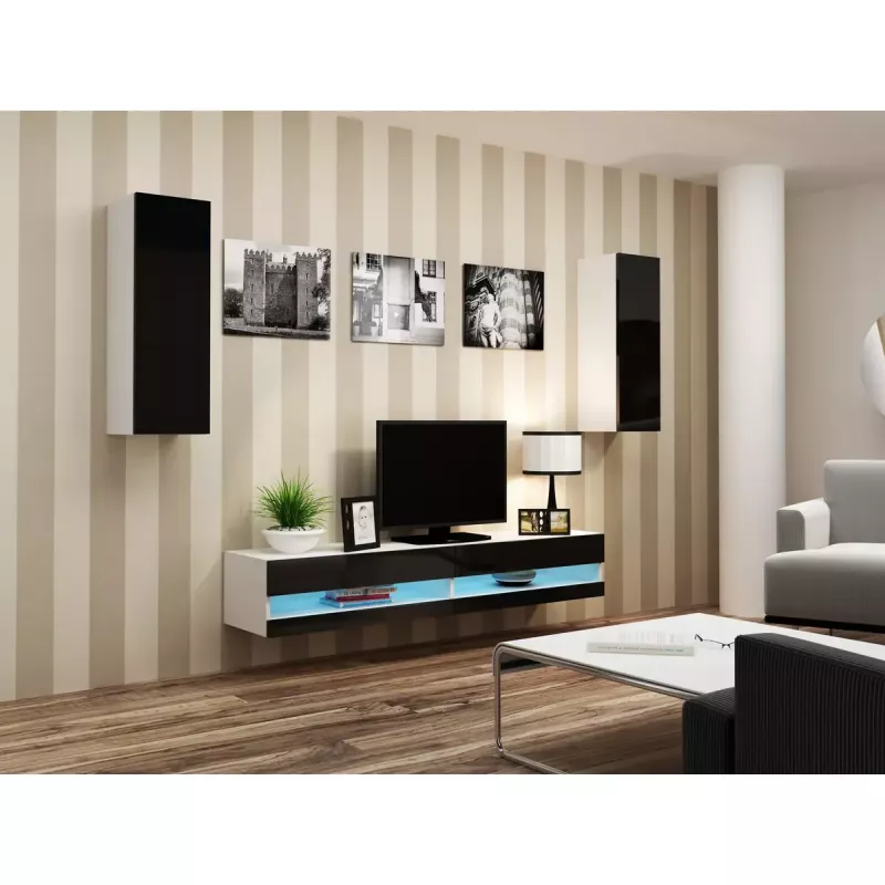 TV stovas Cama Meble VIGO NEW 30/140/40 – 1400×400×300 mm, baltas viršus, medžio drožlių plokštė, baltas rėmas, baltas/juodas blizgesys