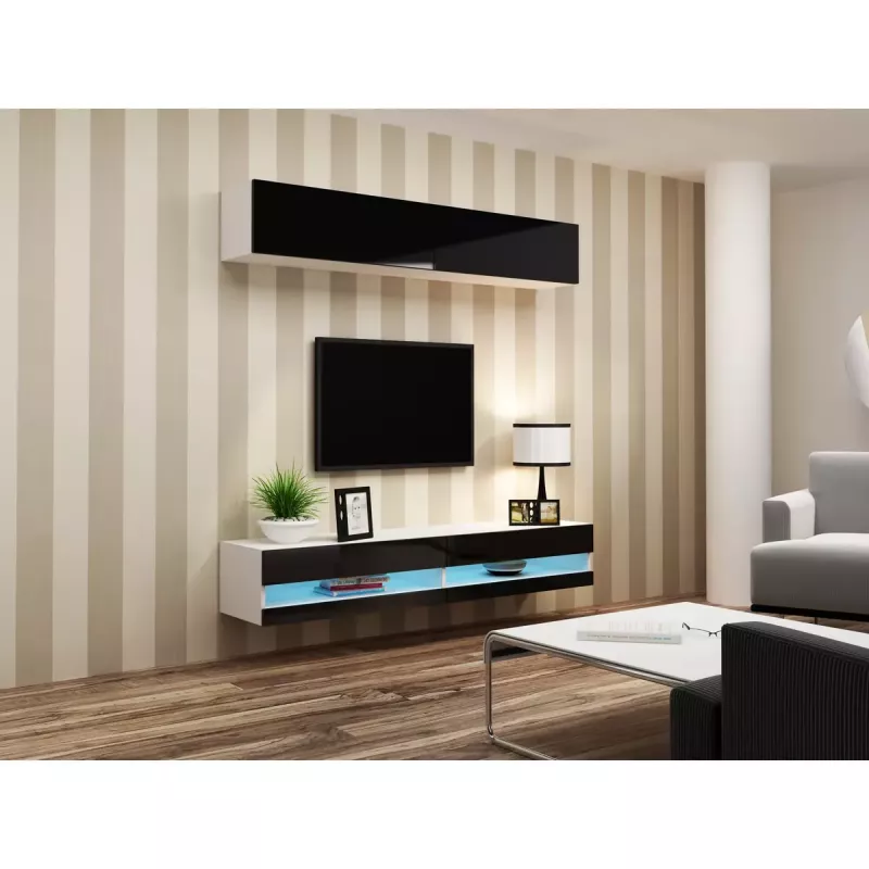 TV stovas Cama Meble VIGO NEW 30/140/40 – 1400×400×300 mm, baltas viršus, medžio drožlių plokštė, baltas rėmas, baltas/juodas blizgesys