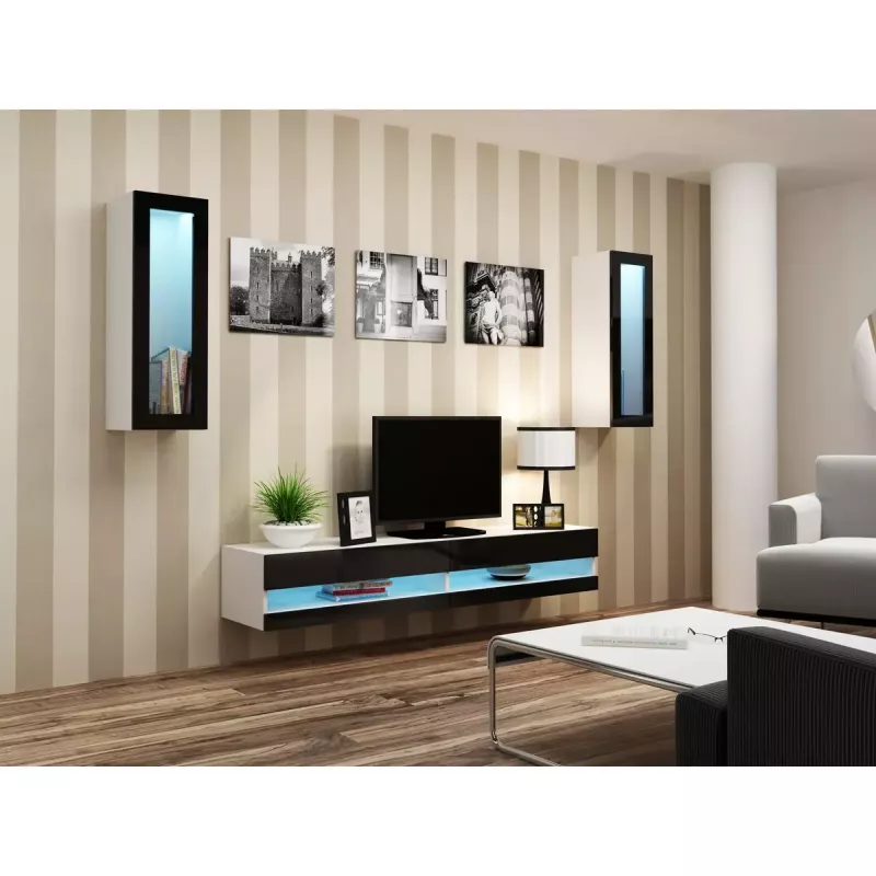 TV stovas Cama Meble VIGO NEW 30/140/40 – 1400×400×300 mm, baltas viršus, medžio drožlių plokštė, baltas rėmas, baltas/juodas blizgesys