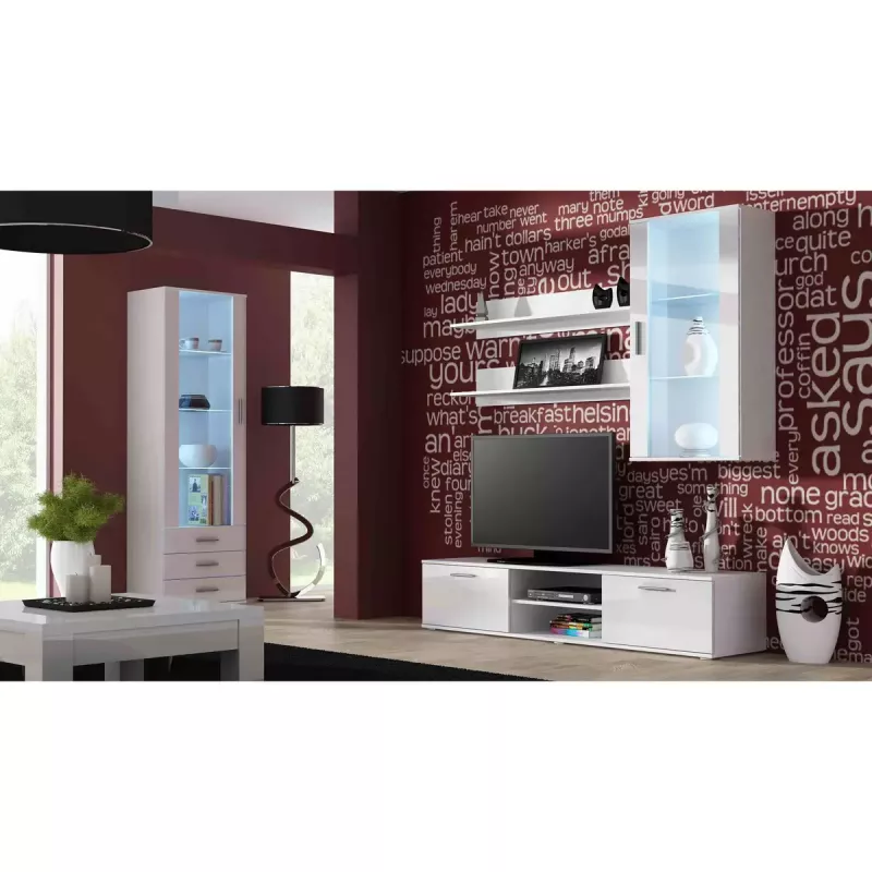 TV stovas cama meble SOHO 180 — 1800×430×370 mm, baltas stalviršis (medžio drožlių plokštė), baltas rėmas