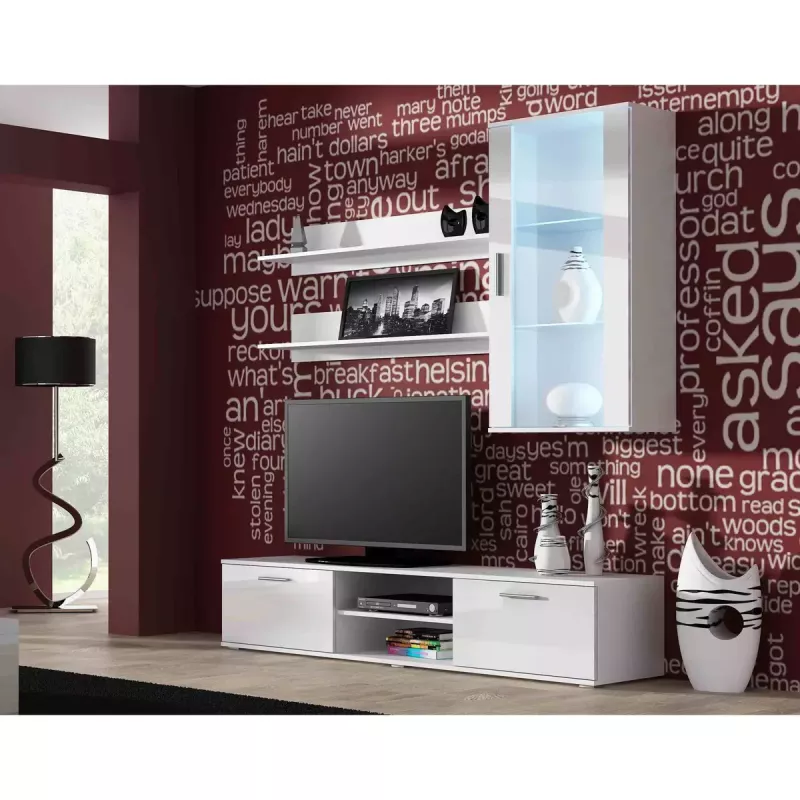 TV stovas cama meble SOHO 180 — 1800×430×370 mm, baltas stalviršis (medžio drožlių plokštė), baltas rėmas