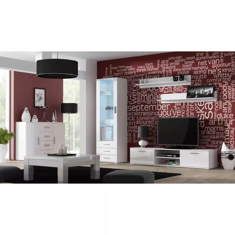 TV stovas cama meble SOHO 180 — 1800×430×370 mm, baltas stalviršis (medžio drožlių plokštė), baltas rėmas