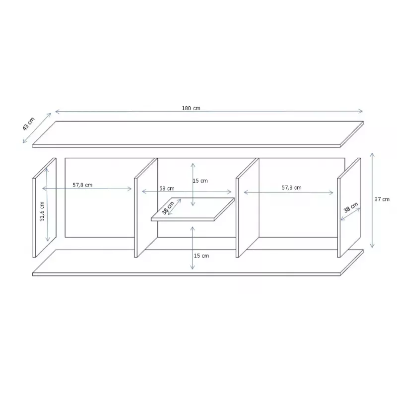 TV stovas cama meble SOHO 180 — 1800×430×370 mm, baltas stalviršis (medžio drožlių plokštė), baltas rėmas