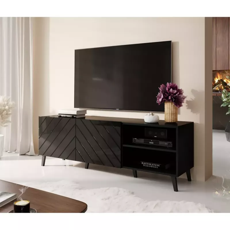 Spintelė televizoriui Cama Meble ABETO 150x42x52 cm, juoda blizgi, MDF viršus, juodas rėmas