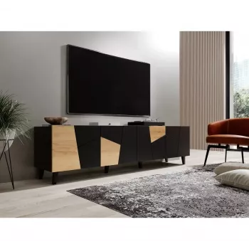 TV spintelė Cama Meble ETNA 200×42×52 cm, juodas matinis viršus, ąžuolo craft rėmas