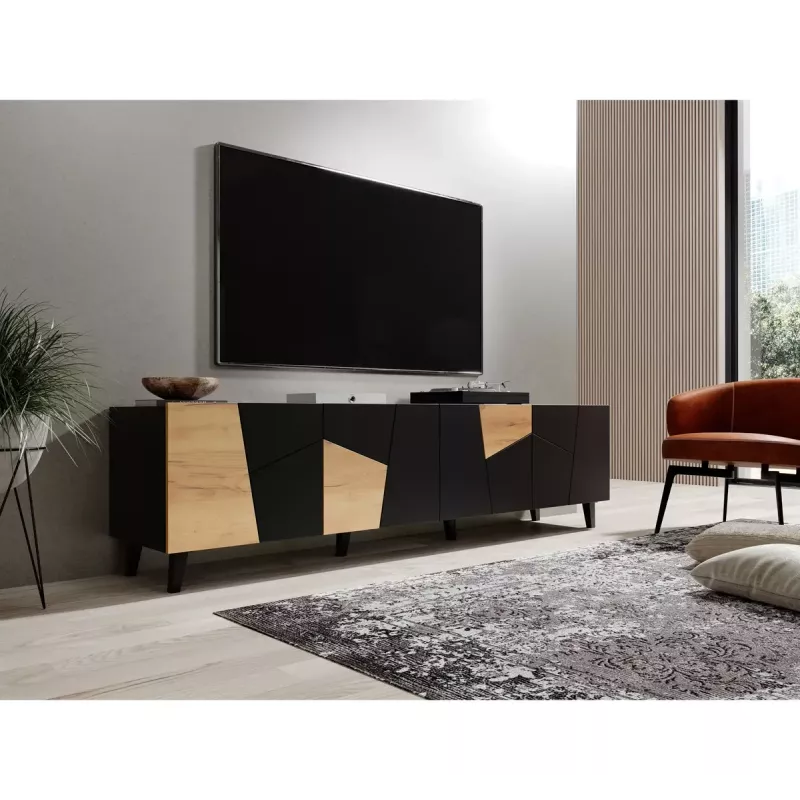 TV spintelė Cama Meble ETNA 200×42×52 cm, juodas matinis viršus, ąžuolo craft rėmas