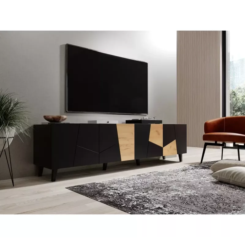 TV spintelė Cama Meble ETNA 200×42×52 cm, juodas matinis viršus, ąžuolo craft rėmas