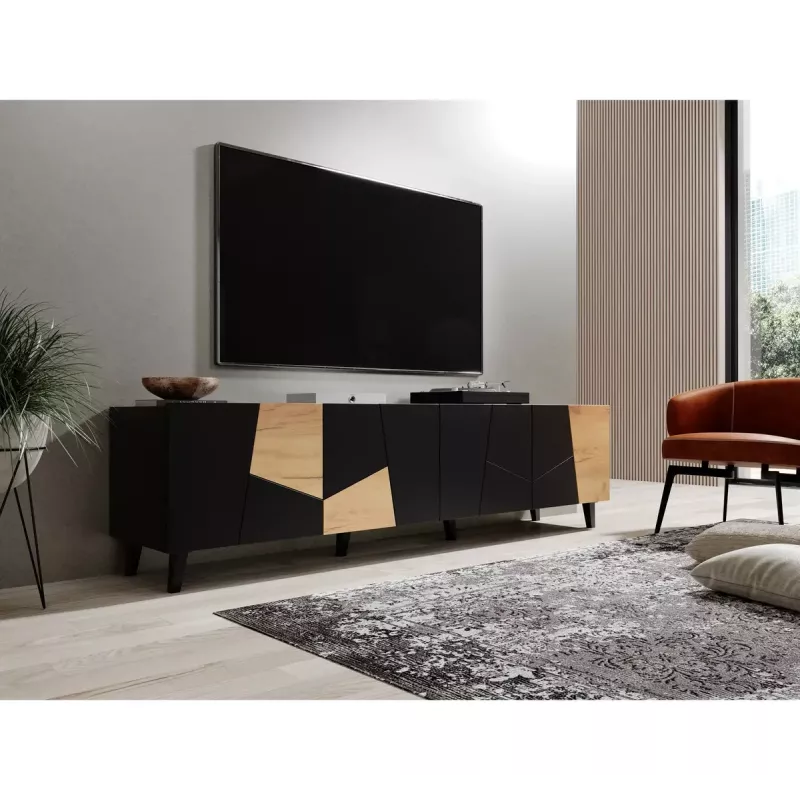 TV spintelė Cama Meble ETNA 200×42×52 cm, juodas matinis viršus, ąžuolo craft rėmas