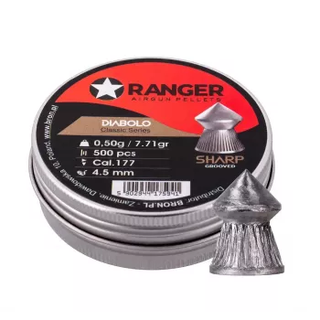 Šratiniai šaudmenys RANGER CLAS03.45.500 — 4,5 mm diabolo, aštrus griovelinis antgalis, 500 vnt. aliumininiame dozatoriuje