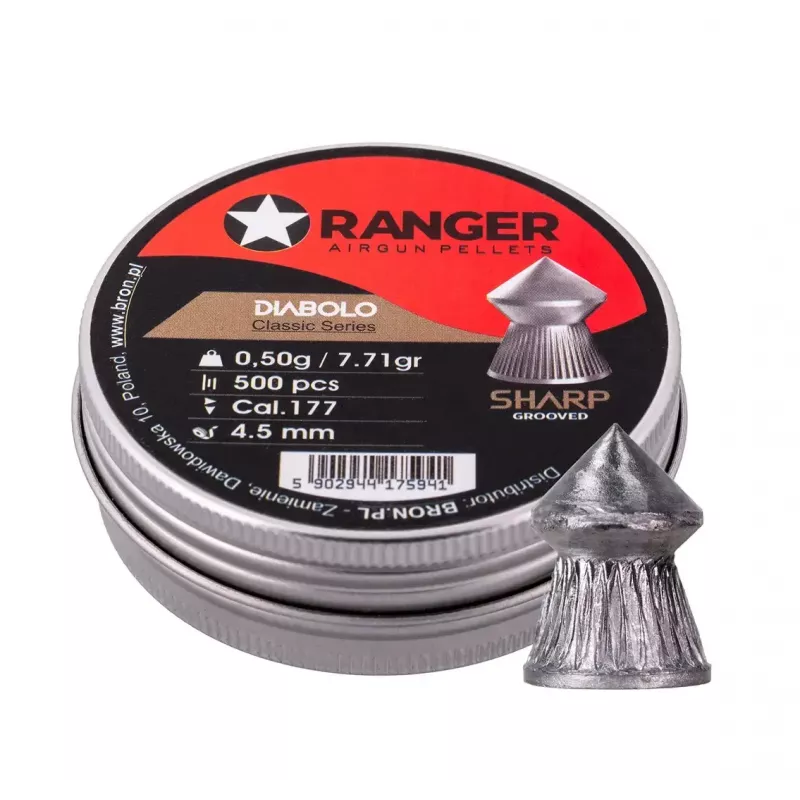 Šratiniai šaudmenys RANGER CLAS03.45.500 — 4,5 mm diabolo, aštrus griovelinis antgalis, 500 vnt. aliumininiame dozatoriuje