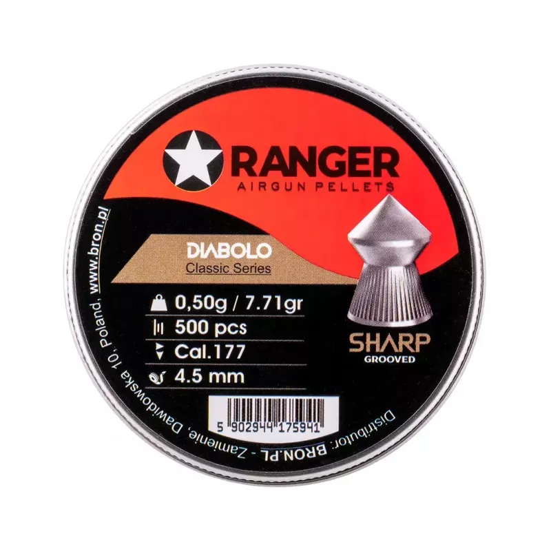 Šratiniai šaudmenys RANGER CLAS03.45.500 — 4,5 mm diabolo, aštrus griovelinis antgalis, 500 vnt. aliumininiame dozatoriuje