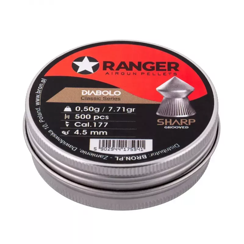 Šratiniai šaudmenys RANGER CLAS03.45.500 — 4,5 mm diabolo, aštrus griovelinis antgalis, 500 vnt. aliumininiame dozatoriuje