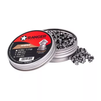 Šratiniai šaudmenys RANGER CLAS03.45.500 — 4,5 mm diabolo, aštrus griovelinis antgalis, 500 vnt. aliumininiame dozatoriuje