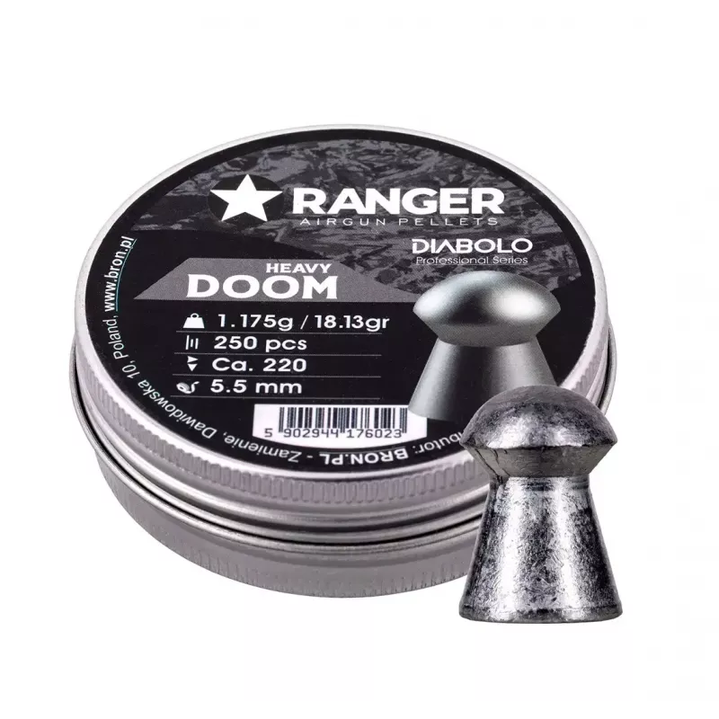 Orinių ginklų šratai RANGER PRORO.55.250.DH Diabolo 5,5 mm, 250 vnt., sidabriniai, aliumininė dozavimo talpa