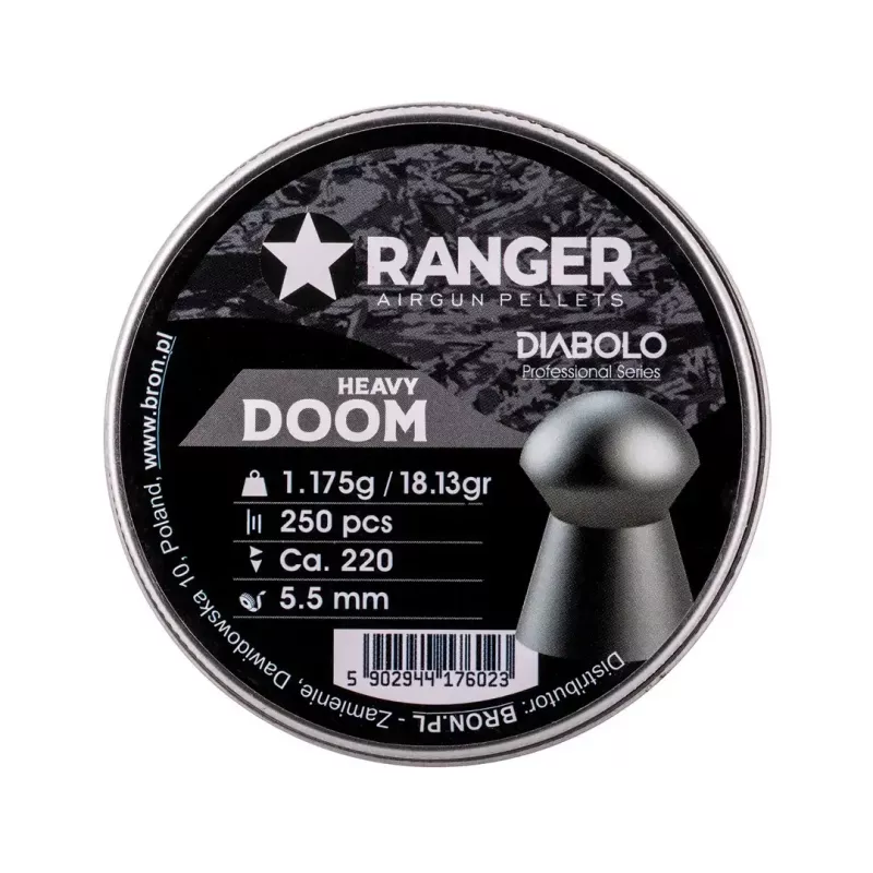 Orinių ginklų šratai RANGER PRORO.55.250.DH Diabolo 5,5 mm, 250 vnt., sidabriniai, aliumininė dozavimo talpa