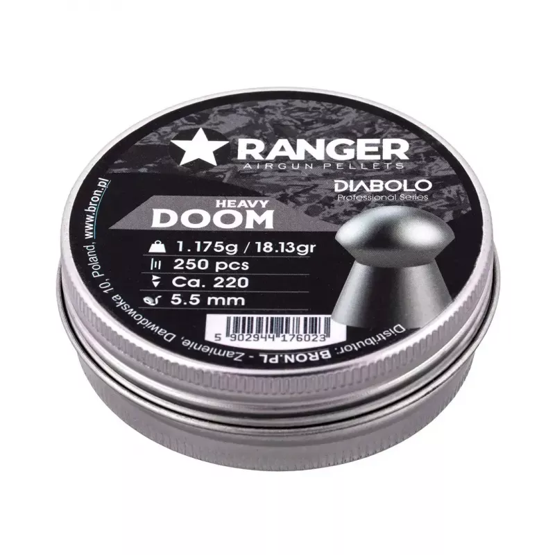 Orinių ginklų šratai RANGER PRORO.55.250.DH Diabolo 5,5 mm, 250 vnt., sidabriniai, aliumininė dozavimo talpa