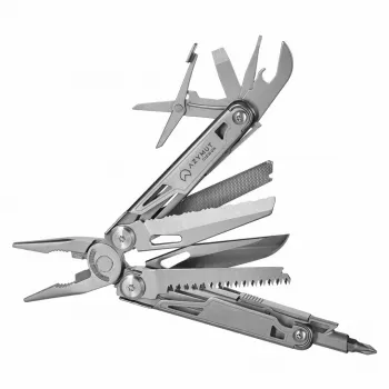 Multitool AZYMUT H2038 pilno dydžio daugiafunkcis įrankis – 14 įrankių, 16,2 cm atidarytas, 10,1 cm sulankstytas, 264 g, 420/7CR13 plienas, odinis dėklas