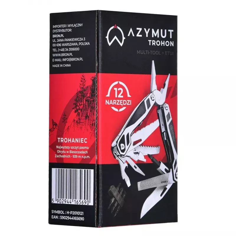 Multifunkcinis įrankis AZYMUT Trohon H-P2010121 — pilno dydžio nerūdijančio plieno replės, 12 funkcijų, 8 antgaliai, sulankstytas 10,5 cm, 381 g