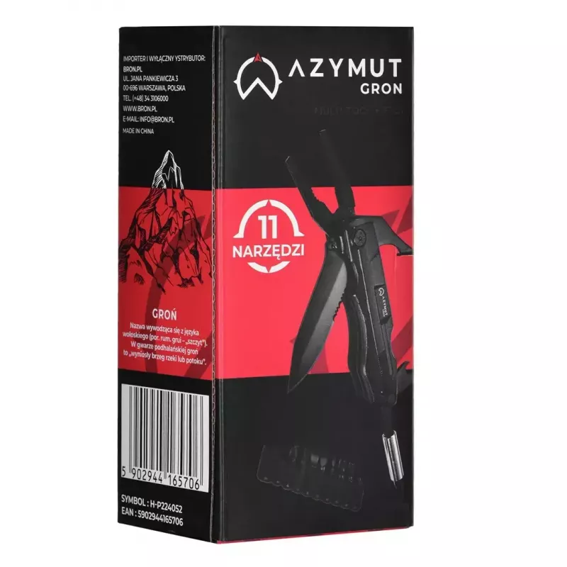 Multitool AZYMUT Gron — pilno dydžio daugiafunkcis įrankis, 11 įrankių, 9 antgaliai, nerūdijantis plienas, sulankstytas 11 cm, ištiestas 15,4 cm