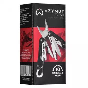Multitool AZYMUT Turon 10 funkcijų su karabinu H-P224108 — nerūdijantis plienas 420, sulankstytas 11 cm, svoris 224 g, odinis dėklas
