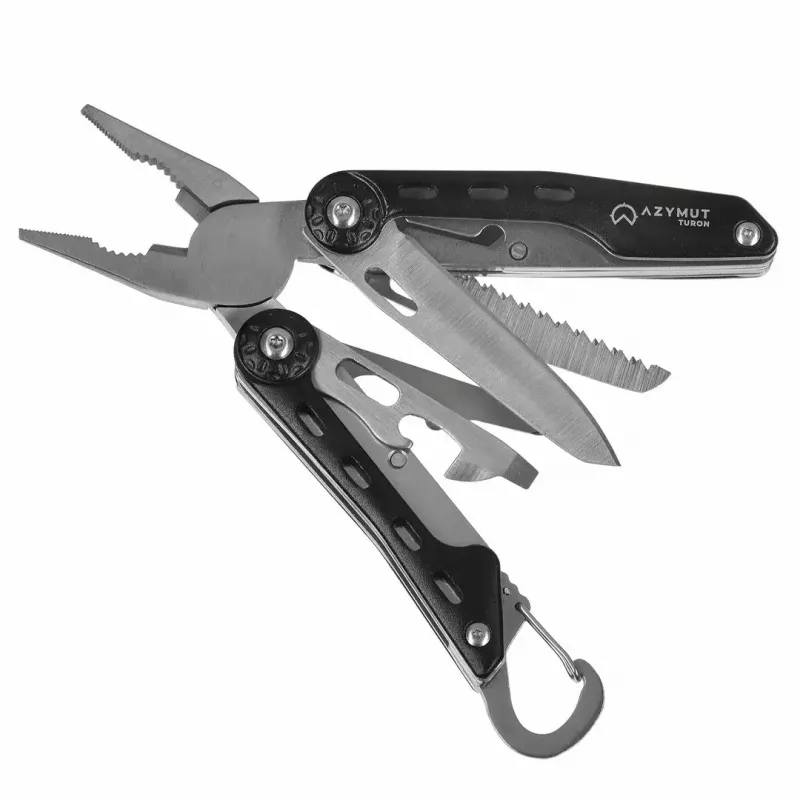 Multitool AZYMUT Turon 10 funkcijų su karabinu H-P224108 — nerūdijantis plienas 420, sulankstytas 11 cm, svoris 224 g, odinis dėklas