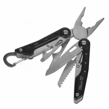 Multitool AZYMUT Turon 10 funkcijų su karabinu H-P224108 — nerūdijantis plienas 420, sulankstytas 11 cm, svoris 224 g, odinis dėklas