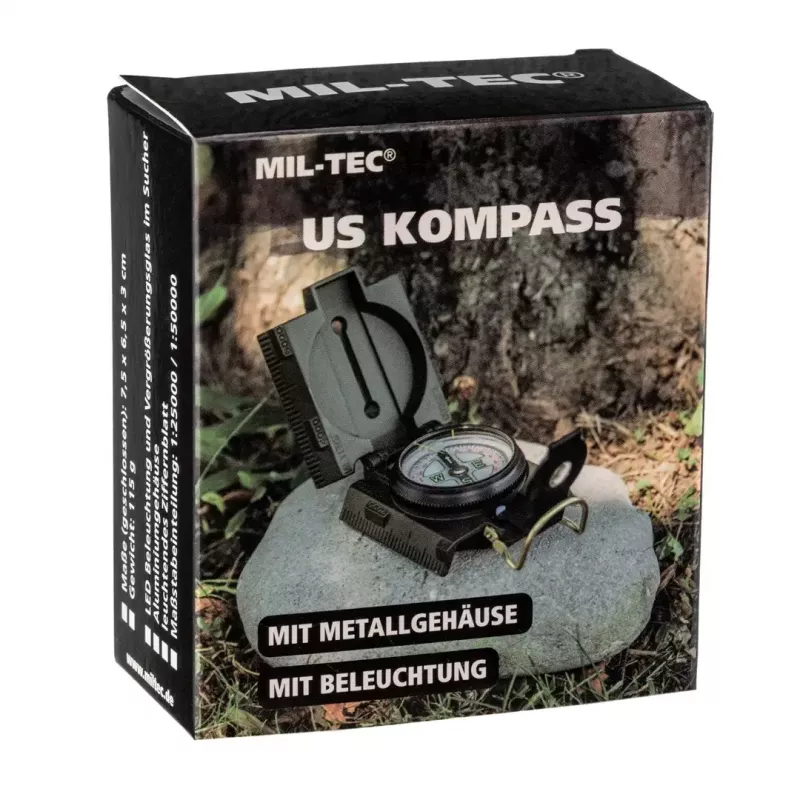 Navigacinis magnetinis kompasas Mil‑Tec US su apšvietimu, aliuminio korpusas, masteliai 1:50k ir 1:25k, alyvinė