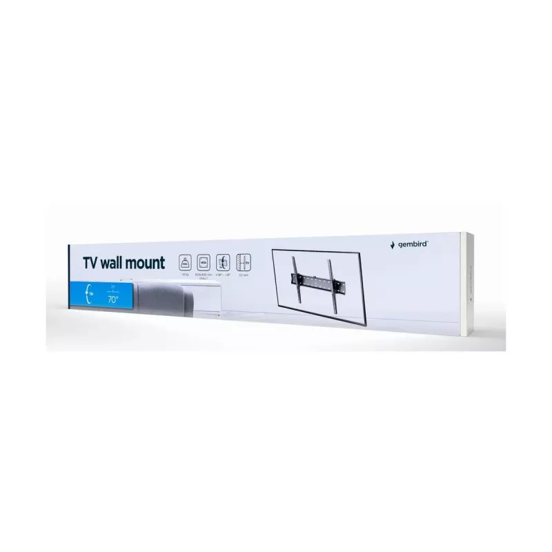 Gembird WM-70T-02 televizoriaus tvirtinimas prie sienos 37–70 colių ekranams, 40 kg apkrova, VESA 200×200–600×400, nuolydis ±12°, 5,3 cm iki sienos, plienas, juodos spalvos
