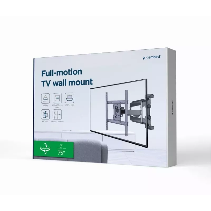 Sieninis TV laikiklis Gembird WM-75ST-01 32 inch–75 inch ekranams, VESA 600x400, 45,5 kg, reguliuojamas 4,9–49,1 cm, pakreipimas -5°–8°