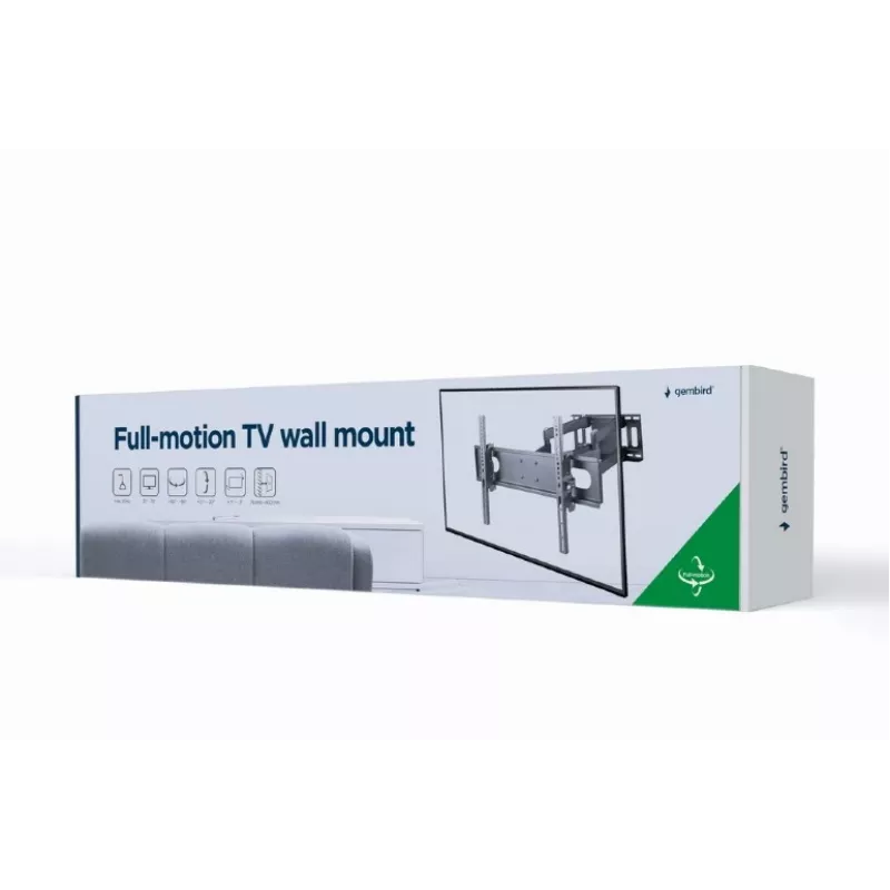 Sieninis TV laikiklis GEMBIRD WM-70ST-01, 37–70 colių, pakreipimas 0° iki -20°, pasukimas ±60°, VESA 200×200–600×400, max 35 kg, juodas