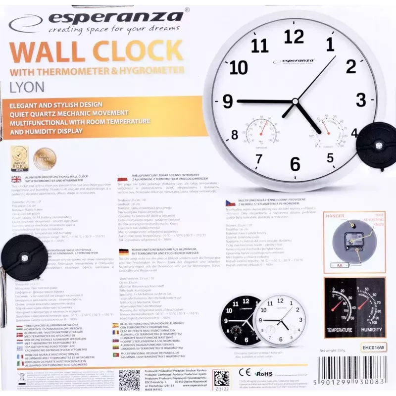 Sieninis laikrodis ESPERANZA EHC016K Lyon Black, 25 cm skersmuo, tylus mechanizmas, stiklinis dangtelis, plastikinis rėmelis