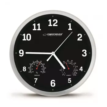 Sieninis laikrodis ESPERANZA EHC016K Lyon Black, 25 cm skersmuo, tylus mechanizmas, stiklinis dangtelis, plastikinis rėmelis
