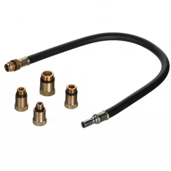 Analoginis manometras YATO YT-73022 0–20 bar, 75 mm ciferblatas, anglinis plienas, 0,5 m žarna, 4 žalvariniai adapteriai, dėklas