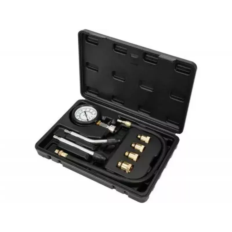 Analoginis manometras YATO YT-73022 0–20 bar, 75 mm ciferblatas, anglinis plienas, 0,5 m žarna, 4 žalvariniai adapteriai, dėklas