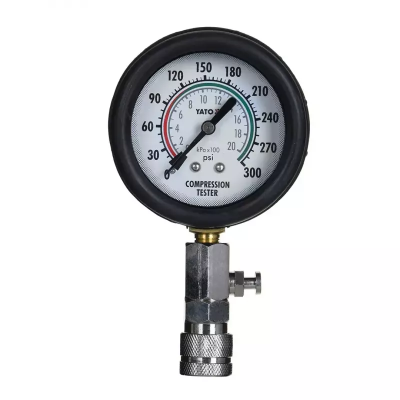 Analoginis manometras YATO YT-73022 0–20 bar, 75 mm ciferblatas, anglinis plienas, 0,5 m žarna, 4 žalvariniai adapteriai, dėklas