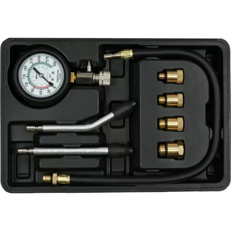 Analoginis manometras YATO YT-73022 0–20 bar, 75 mm ciferblatas, anglinis plienas, 0,5 m žarna, 4 žalvariniai adapteriai, dėklas