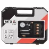 Analoginis manometras YATO YT-73022 0–20 bar, 75 mm ciferblatas, anglinis plienas, 0,5 m žarna, 4 žalvariniai adapteriai, dėklas