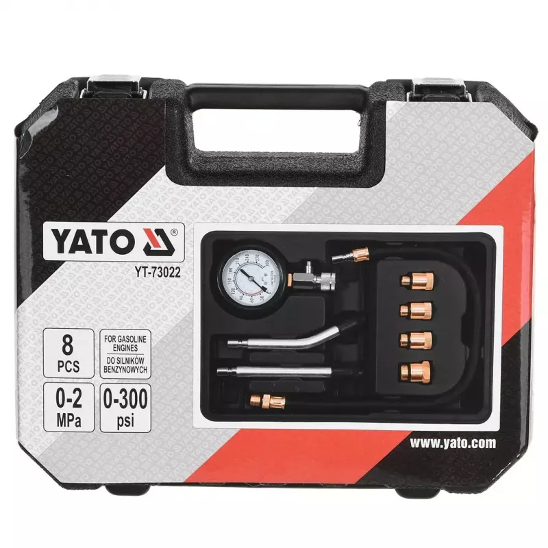 Analoginis manometras YATO YT-73022 0–20 bar, 75 mm ciferblatas, anglinis plienas, 0,5 m žarna, 4 žalvariniai adapteriai, dėklas