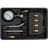 Analoginis manometras YATO YT-73022 0–20 bar, 75 mm ciferblatas, anglinis plienas, 0,5 m žarna, 4 žalvariniai adapteriai, dėklas