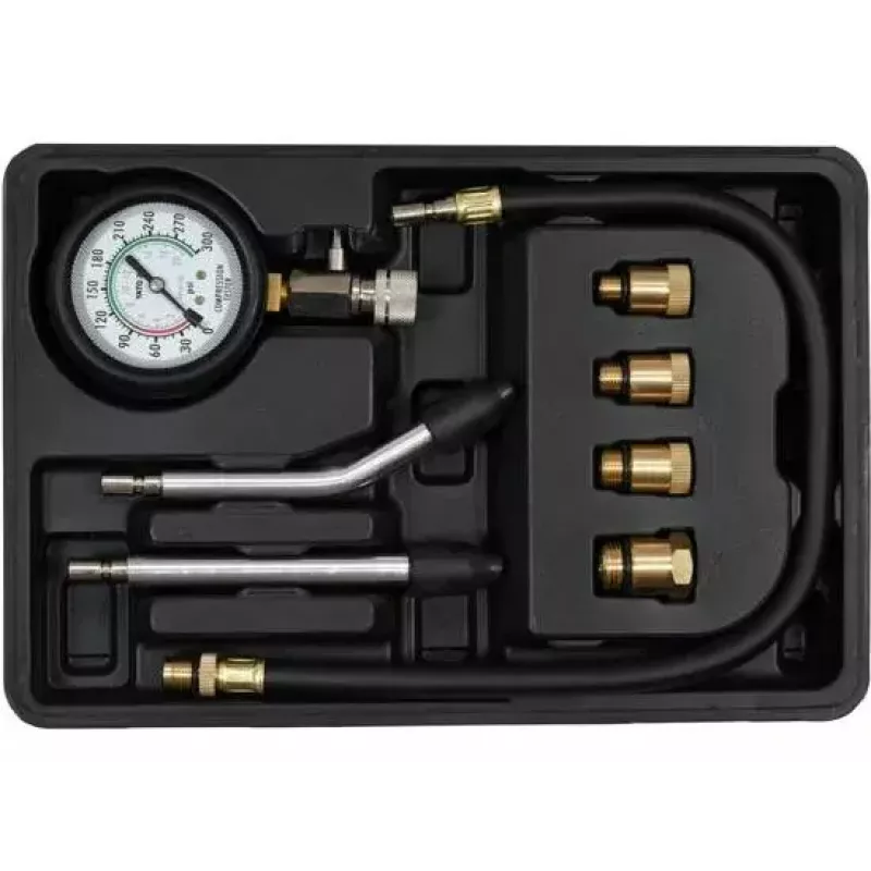 Analoginis manometras YATO YT-73022 0–20 bar, 75 mm ciferblatas, anglinis plienas, 0,5 m žarna, 4 žalvariniai adapteriai, dėklas