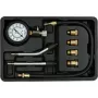 Analoginis manometras YATO YT-73022 0–20 bar, 75 mm ciferblatas, anglinis plienas, 0,5 m žarna, 4 žalvariniai adapteriai, dėklas
