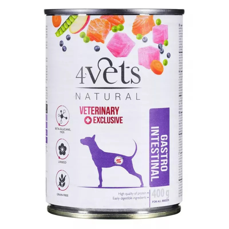 Šlapias šunų ėdalas 4vets Natural Gastro Intestinal 400 g – terapinė šlapia dieta virškinimo sistemai palaikyti, kalakutiena, 7,5% baltymų, 5,5% riebalų, be glitimo ir laktozės
