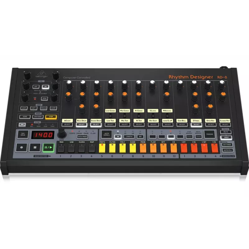 Ritmo ir būgnų mašina Behringer RD-8 MKII, kalibravimo diapazonas 10–15000 Hz