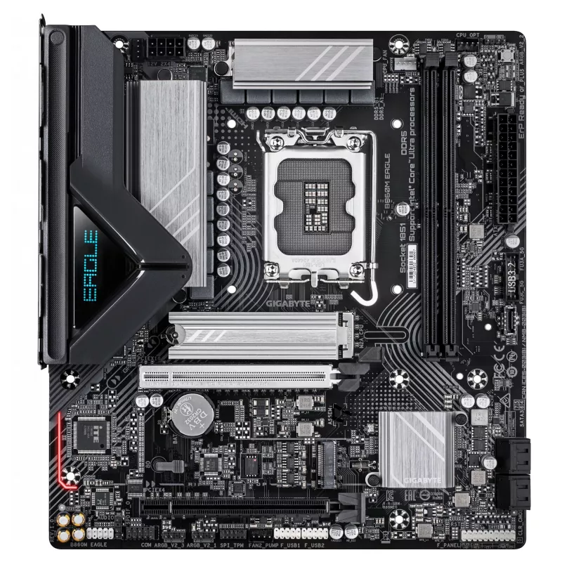 GIGABYTE B860M EAGLE pagrindinė plokštė - Intel Core Ultra serijos CPU, 6+1+2+1 fazių VRM, iki 9066MHz DDR5, 1xPCIe 5.0 + 1xPCIe 4.0 M.2, 2.5GbE LAN, USB 3.2 Gen 1